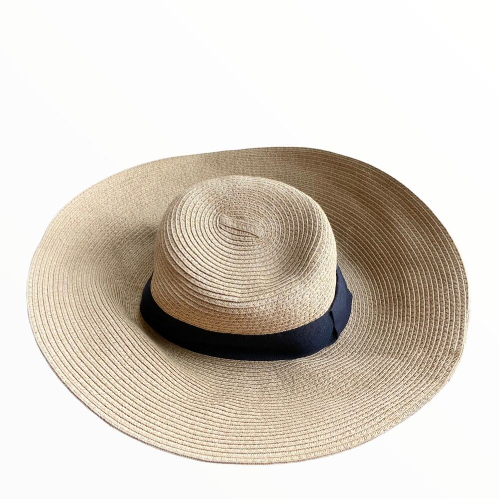 Nordstrom Sun Hat Floppy Straw Woven Round Black Lace OS